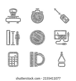 Ajuste radio, protractor y regla, brújula de dibujo, multímetro, voltímetro, calculadora, cuerpo de altura de medida, medidor de distancia láser e icono de escalas. Vector