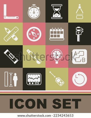 Set Radius, Route location, Calliper or caliper and scale, Old hourglass with sand, Compass, Crossed ruler pencil, Corner and Calendar icon. Vector