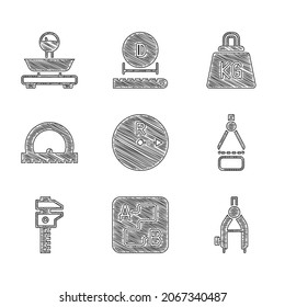 Set Radius, Route location, Drawing compass, Calliper or caliper and scale, Protractor, Weight and Scales icon. Vector
