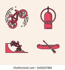 Set Rafting boat, Bicycle trick, Aqualung and Bicycle on street ramp icon. Vector