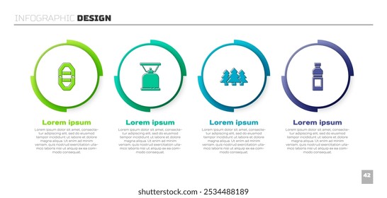 Set Rafting barco, Acampar fogão a gás, Floresta e Garrafa de água. Modelo de infográfico comercial. Vetor