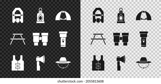 Set Rafting boat, Camping lantern, Tourist tent, Life jacket, Wooden axe, hat, Picnic table with benches and Binoculars icon. Vector