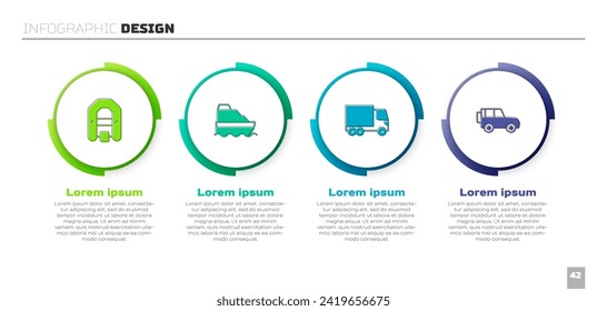Set Rafting boat, Cruise ship, Delivery cargo truck and Off road. Business infographic template. Vector