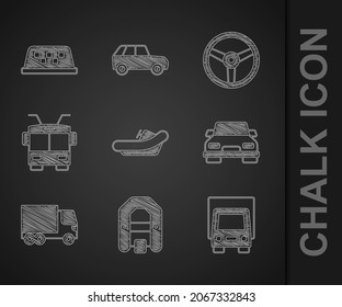 Set Rafting boat, Delivery cargo truck, Car, Trolleybus, Steering wheel and Taxi roof icon. Vector