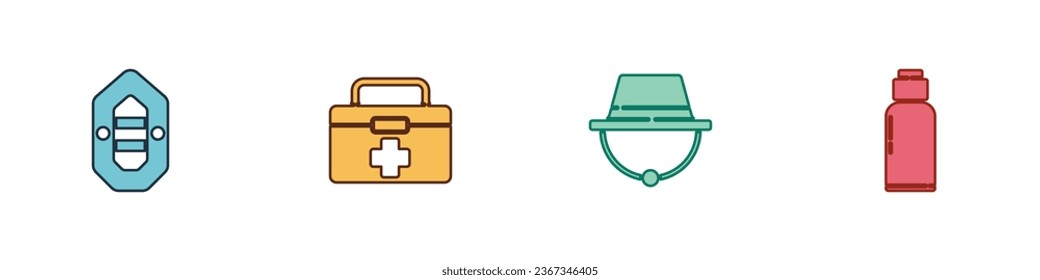 Set Rafting boat, First aid kit, Camping hat and Canteen water bottle icon. Vector