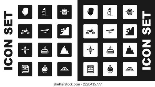 Set Rafting Boat, Hang Glider, Mountain Bike, Boxing Glove, Landslide, Windsurfing, Mountains And Kayak Or Canoe Icon. Vector