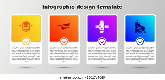 Set Rafting boat, Hang glider, Knee pads and Roller skate. Business infographic template. Vector