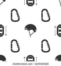 Set Rafting boat, Helmet and Carabiner on seamless pattern. Vector