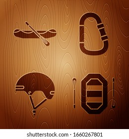 Set Rafting boat, Rafting boat, Helmet and Carabiner on wooden background. Vector