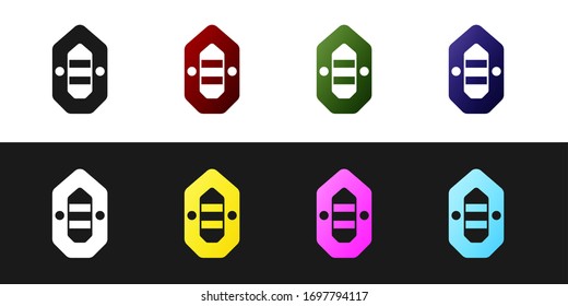 Set Rafting boat icon isolated on black and white background. Inflatable boat. Water sports, extreme sports, holiday, vacation. Vector Illustration