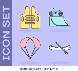 Set Rafting boat, Life jacket, Parachute and Bicycle on street ramp icon. Vector