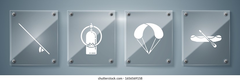 Set Rafting boat, Parachute, Aqualung and Surfboard. Square glass panels. Vector