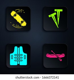 Set Rafting boat, Skateboard trick, Life jacket and Pegs for tents. Black square button. Vector