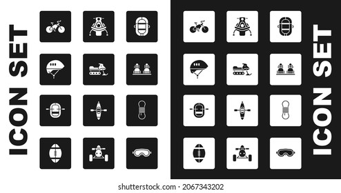 Set Rafting boat, Snowmobile, Bicycle helmet, Snowboard, Climber rope and  icon. Vector