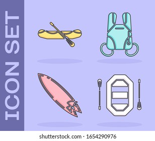 Set Rafting boat, Rafting boat, Surfboard and Parachute icon. Vector