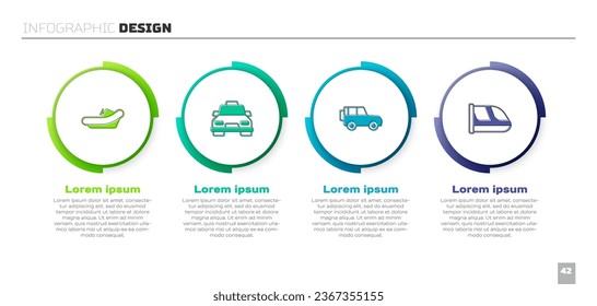 Set Rafting boat, Taxi car, Off road and Train and railway. Business infographic template. Vector