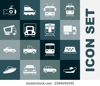 Set Rafting boat, Taxi car roof, Delivery cargo truck, Trolleybus, Submarine and Train and railway icon. Vector