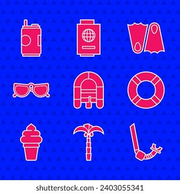 Set Rafting boat, Tropical palm tree, Snorkel, Lifebuoy, Ice cream waffle cone, Glasses, Rubber flippers and Soda can icon. Vector