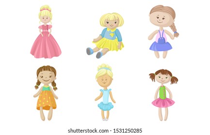 Set of rag dolls in dresses. Vector illustration.