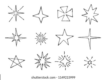 Set of ragged hand-drawn stars and sunbursts