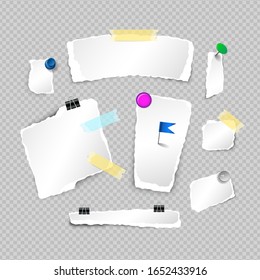 Set of ragged sheets of paper, blank torn pages and elements for attaching paper. Pin, scotch tape and paperclip set. Vector mock-up image