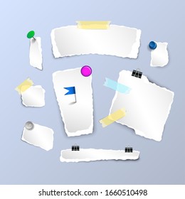 Set of ragged sheets of paper, blank torn pages and elements for attaching paper. Pin, scotch tape and paperclip set. Vector mock-up image