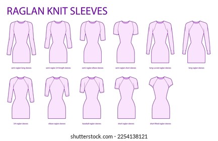 Set of Raglan knit sleeves clothes curved semi-raglan, long, 3-4, elbow, baseball, short technical fashion illustration, fitted. Flat apparel template front side. Women, men unisex CAD mockup