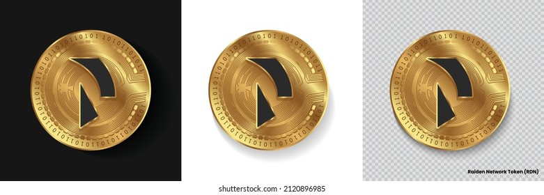 Set of Raiden Network Token RDN crypto currency logo symbol vector isolated on white, dark and transparent background. Can be used as golden coin sticker, icon, label, badge, print design and emblem