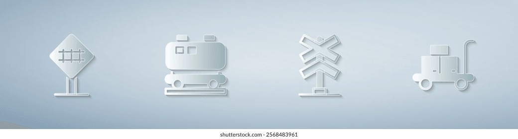 Set Railroad crossing, Oil railway cistern,  and Trolley suitcase. Paper art style. Vector