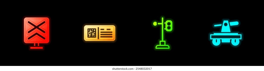 Establezca el cruce del ferrocarril, el billete de tren del código QR, el semáforo del tren y el icono de Draisine o handcar. Vector