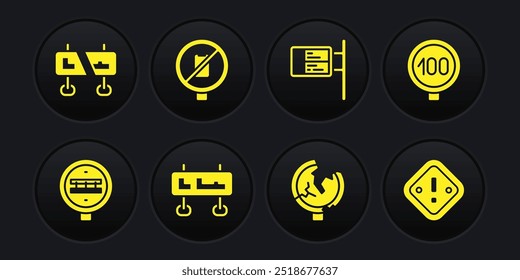 Establecer cruce de ferrocarril, límite de velocidad, tráfico, señal de tráfico, tablero de transporte público, sin teléfono celular, signo de exclamación triángulo e icono. Vector