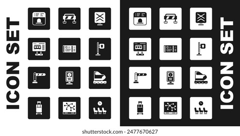 Set Railroad crossing, Train ticket, Ticket office to buy tickets, Cafe and restaurant location, Road barrier, High-speed train and Railway icon. Vector