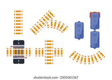 Set of railroad elements showing different types of railways with crossing and train wagons.