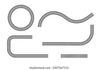 Conjunto de piezas de ferrocarril. Elementos de ferrocarril en la vista Aéreas superior. Tren de pista recta y líneas curvas y marco circular aislado sobre fondo blanco. Textura de la valla o de las escaleras. Vector ilustración gráfica.