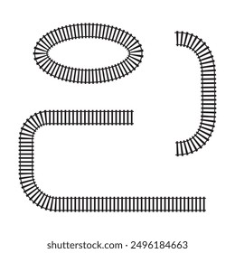 Set of railroad parts. Railway elements top view. Train track curved lines and oval frame isolated on white background. Fence or stairs texture. Vector graphic illustration.