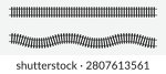 Set of railroad segment. rail road elements top view. train track straight and wavy lines, circle and oval frames isolated on white background. fence or stairs texture. vector graphic illustration . 