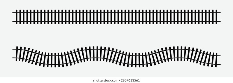 Set of railroad segment. rail road elements top view. train track straight and wavy lines, circle and oval frames isolated on white background. fence or stairs texture. vector graphic illustration . 