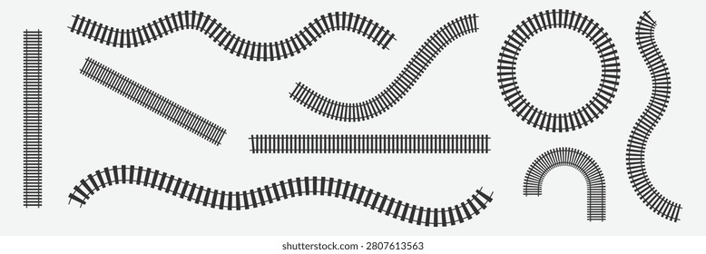 Set of railroad segment. rail road elements top view. train track straight and wavy lines, circle and oval frames isolated on white background. fence or stairs texture. vector graphic illustration . 