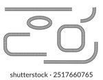 Set of railroad segments. Rail road parts top view. Traintrack straight and waved lines, square and oval frames isolated on white background. Fence or stairs texture. Vector graphic illustration.