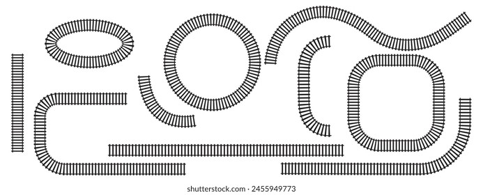 Set of railroad segments. Rail road elements top view. Train track straight and waved lines, circle and oval frames isolated on white background. Fence or stairs texture. Vector graphic illustration.