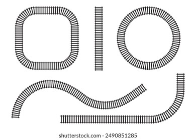 Satz von Eisenbahnsegmenten. Elemente der Eisenbahnstraße Luftaufnahmen oben. Train Titel gerade und gewellte Linien, Kreis und quadratische Rahmen. Textur des Zauns oder der Treppe. Grafik-Illustration der Vektorgrafik.