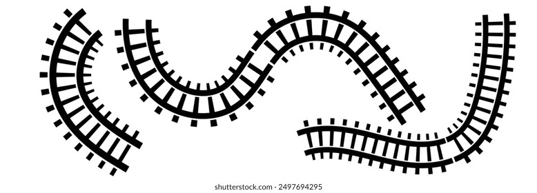Conjunto de segmentos ferroviarios. Vista superior de los Elementos de ferrocarril. Pista de tren recta y líneas onduladas, círculos y marcos ovalados aislados sobre fondo blanco. Textura de la valla o de las escaleras. Ilustración gráfica de Vector	