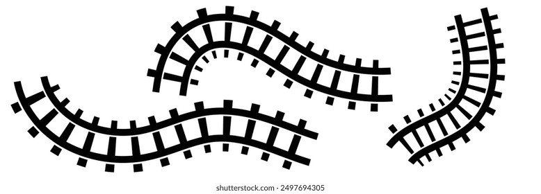 Set of railroad segments. Rail road elements top view. Train track straight and waved lines, circle and oval frames isolated on white background. Fence or stairs texture. Vector graphic illustration	