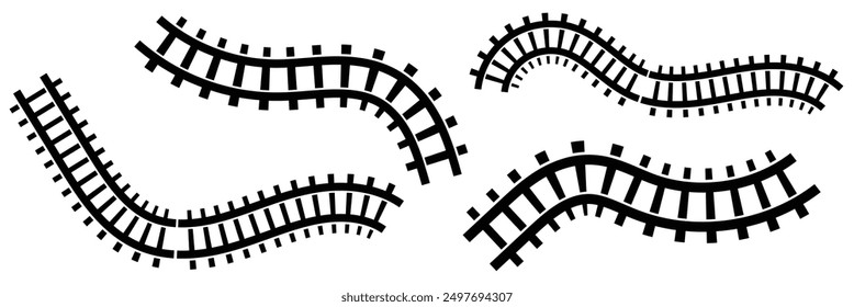 Satz von Eisenbahnsegmenten. Schienenstraße Elemente Draufsicht. Zuggleis gerade und gewellte Linien, Kreis- und ovale Rahmen einzeln auf weißem Hintergrund. Zaun- oder Treppenstruktur. Vektorgrafik	