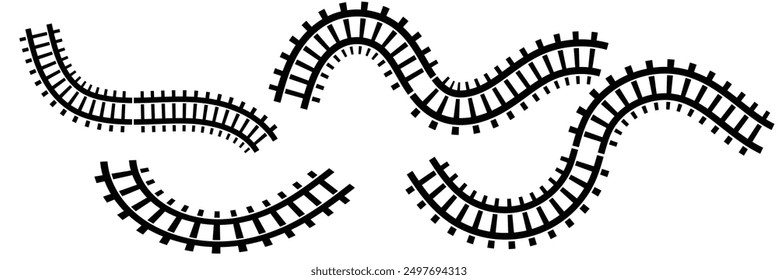 Set of railroad segments. Rail road elements top view. Train track straight and waved lines, circle and oval frames isolated on white background. Fence or stairs texture. Vector graphic illustration	