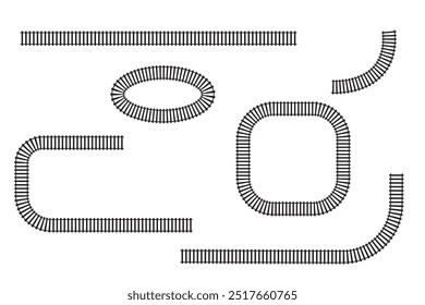 Conjunto de segmentos ferroviários. Vista superior das partes da estrada de ferro. Traintrack linhas retas e onduladas, quadros quadrados e ovais isolados sobre fundo branco. Textura de cerca ou escada. Ilustração gráfica vetorial.