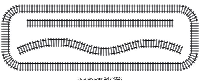 Conjunto de segmentos ferroviários. Vista de cima dos elementos da estrada de ferro. Linha reta e ondulada, quadro retangular isolado em fundo branco. Textura de cerca ou escada. Ilustração gráfica vetorial.