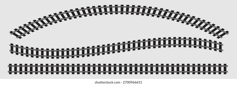Conjunto de segmentos ferroviários. Vista de cima dos elementos da estrada de ferro. Trilha de trem linhas retas e onduladas, quadros circulares e ovais isolados em fundo branco. Textura de cerca ou escada. Ilustração gráfica vetorial	