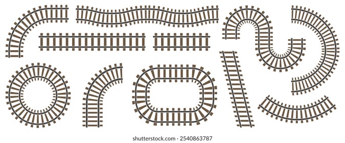 Conjunto de Pistas de ferrocarril. Colección ferroviaria de rieles rectos, ondulados y curvos. Rieles de vista superior