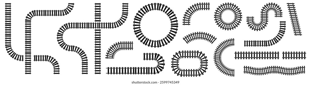 Set of railroad tracks. Straight, wavy and curved rails railway collection. Top view rails